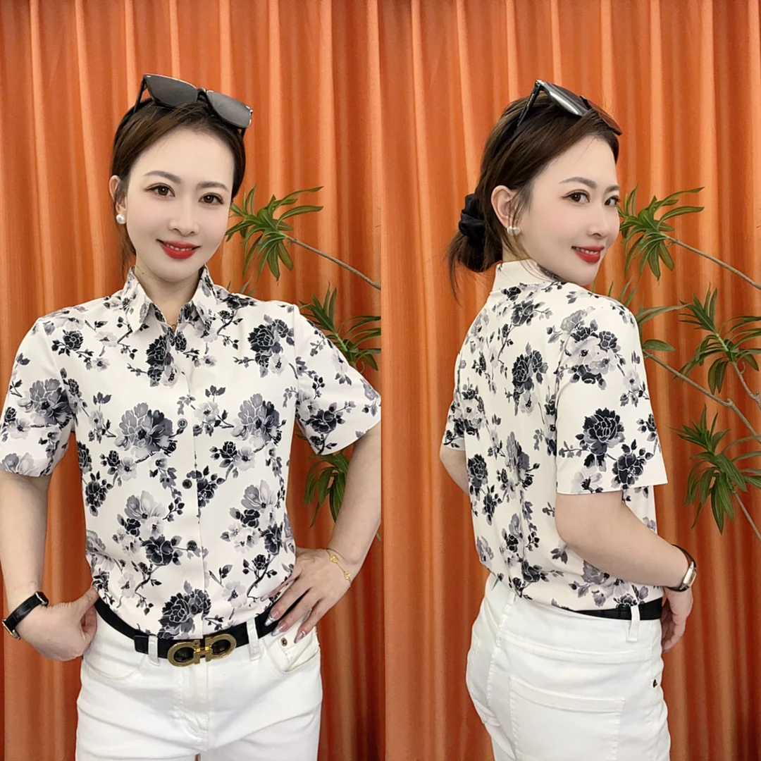 [森度男装]2025潮流男士夏季轻奢个性水墨艺术短袖冰丝高级感衬衫