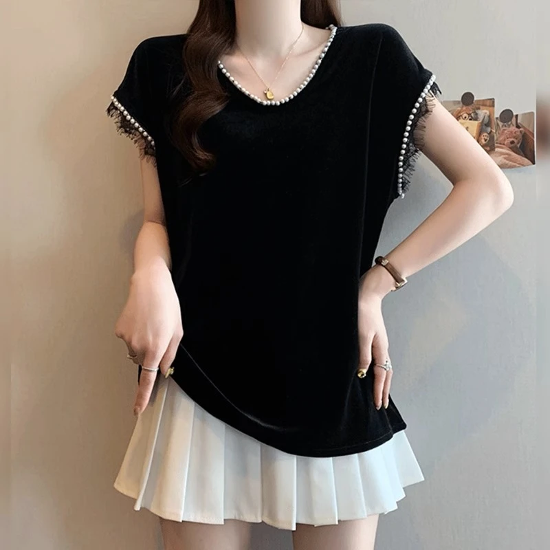 胖mm显瘦遮肚子黑色拼接钉珠小飞袖蕾丝衫女夏季大码宽松独特上衣