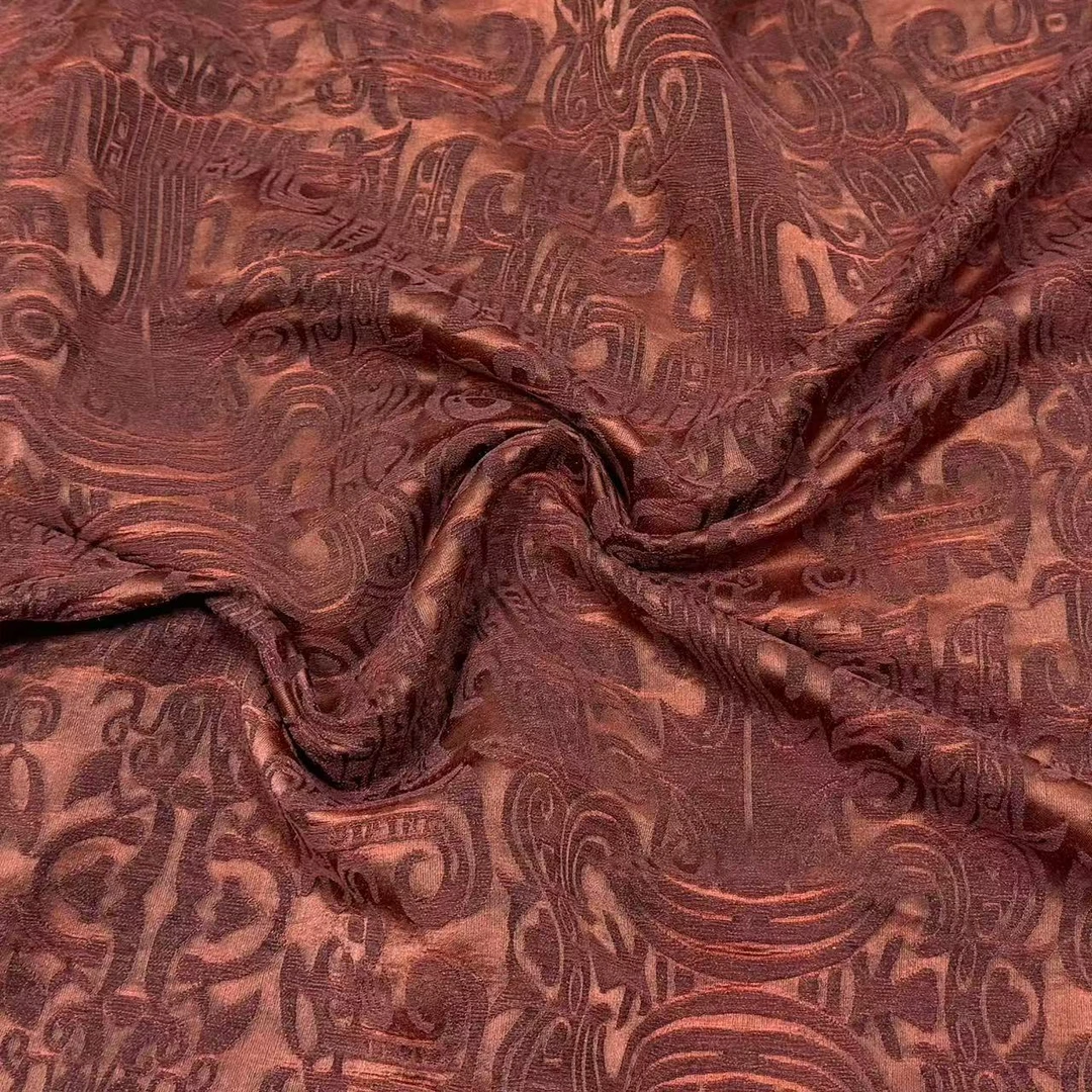 【云鼎】251117-6 定制国风橘红底青铜纹油丝 服装布料面料