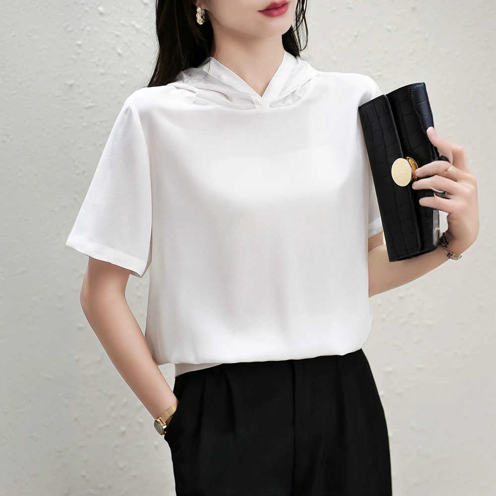白色真丝短袖t恤女2024新款早春内搭夏季上衣宽松设计感连帽