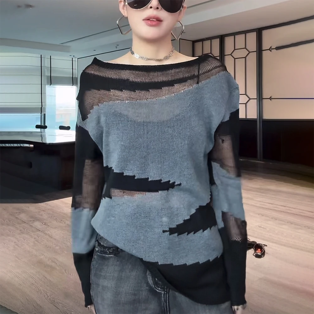 法式气质辣妹露肩长袖针织衫女装2025秋冬新款撞色高级感宽松上衣