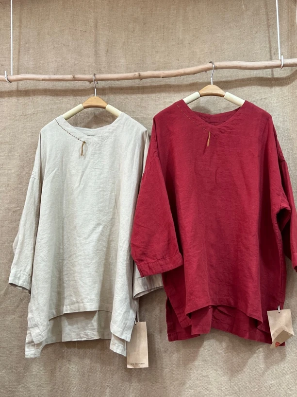 纯亚麻中长款V领上衣 2558