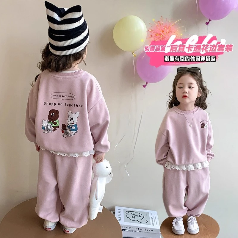 女童加绒卫衣套装春秋冬季新款儿童洋气花边蕾丝印花女宝宝两件套