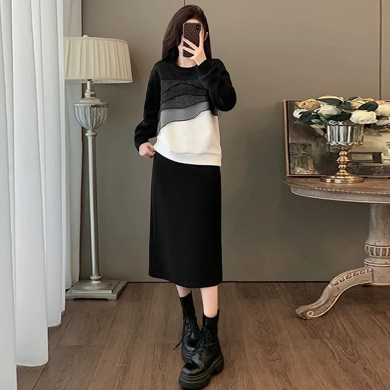 高含棉韩系休闲洋气套装女2025年春秋季新款撞色卫衣半身裙两件套