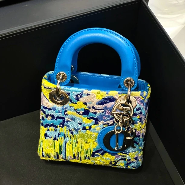 95新 DIOR/迪奥 夏七中古/满串珠刺绣三格mini戴妃手提单肩包