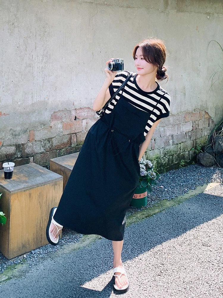 特大码韩版假两件休闲收腰吊带裙女夏新款宽松条纹短袖拼接连衣裙