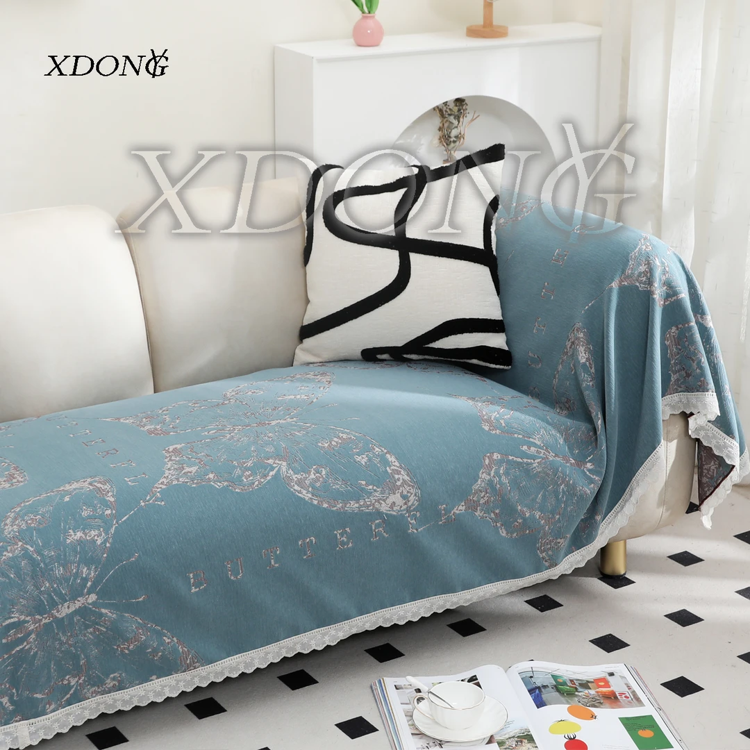 XDONGY（冬云家纺）高端90*210金 丝 银 锦美学 蝴蝶 蓝色沙发巾