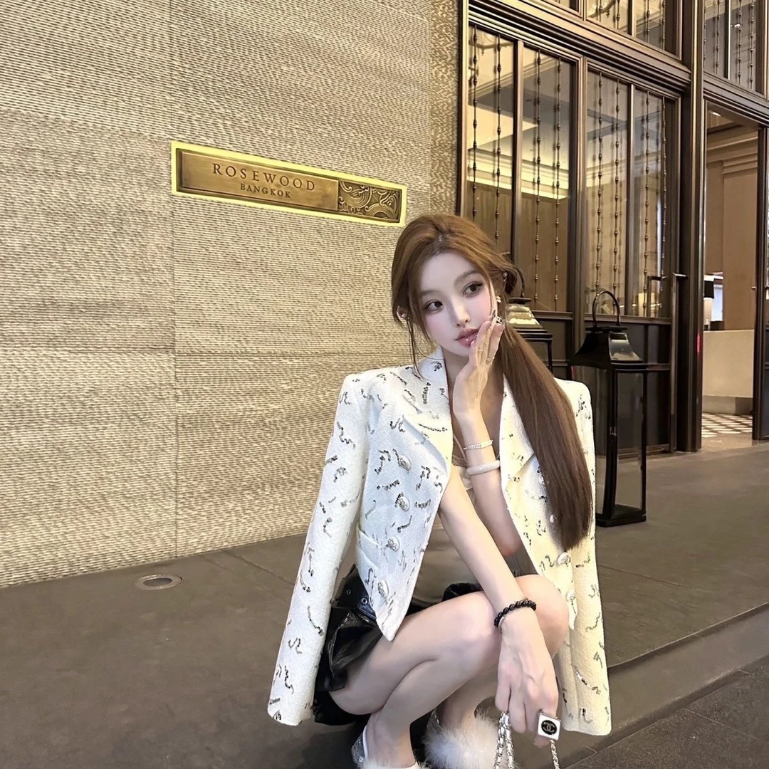 JOEY小香风双排扣亮片粗花呢编织外套女夏季短款气质翻领开衫上衣