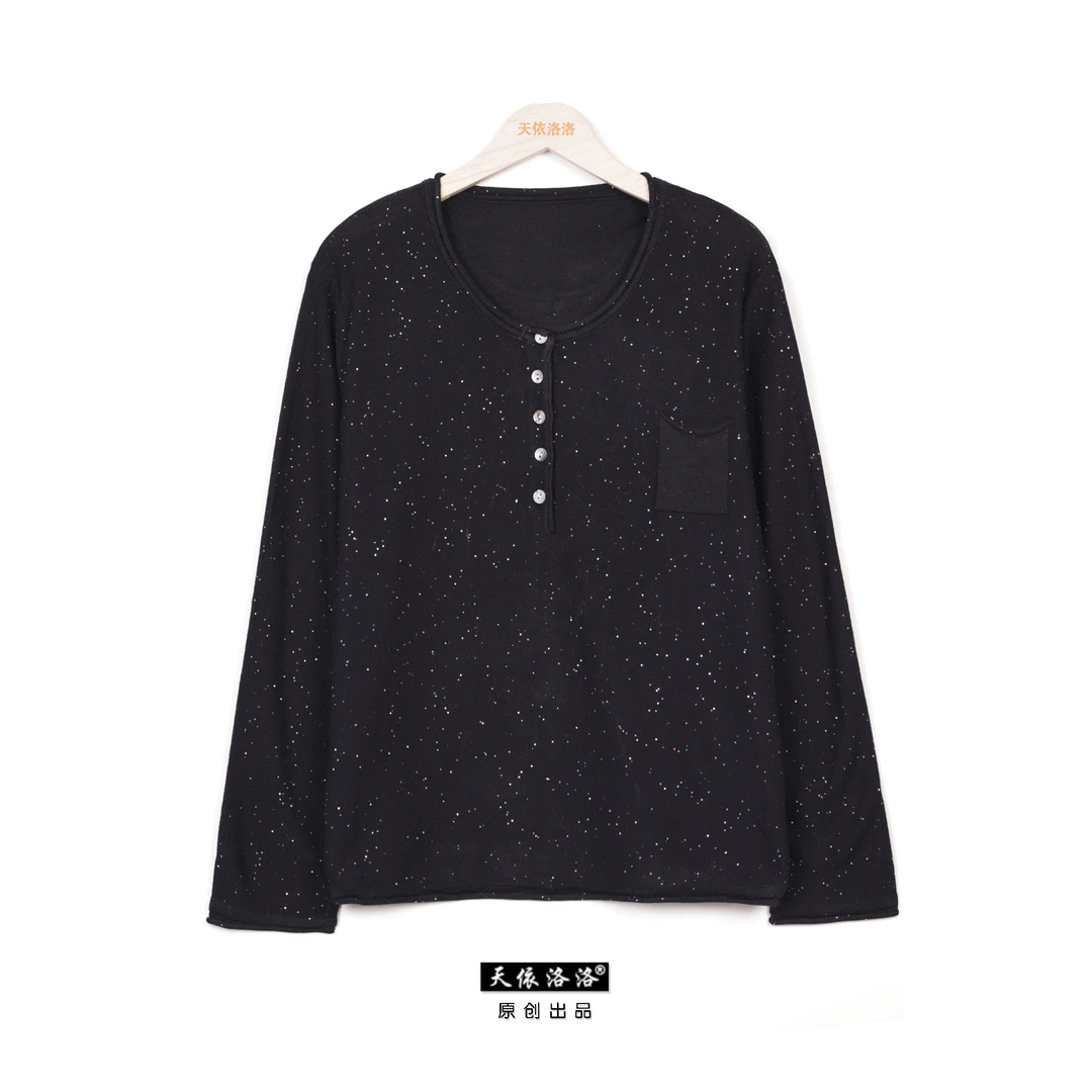 【天依洛洛】50801 圆领纽扣口袋纯色长袖舒适百搭休闲针织衫