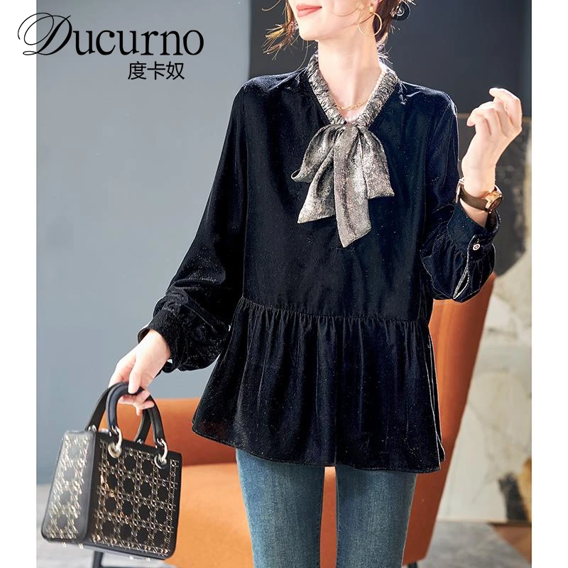 度卡奴拼接系带圆领亮丝丝绒小衫春季新款长袖休闲套头上衣女