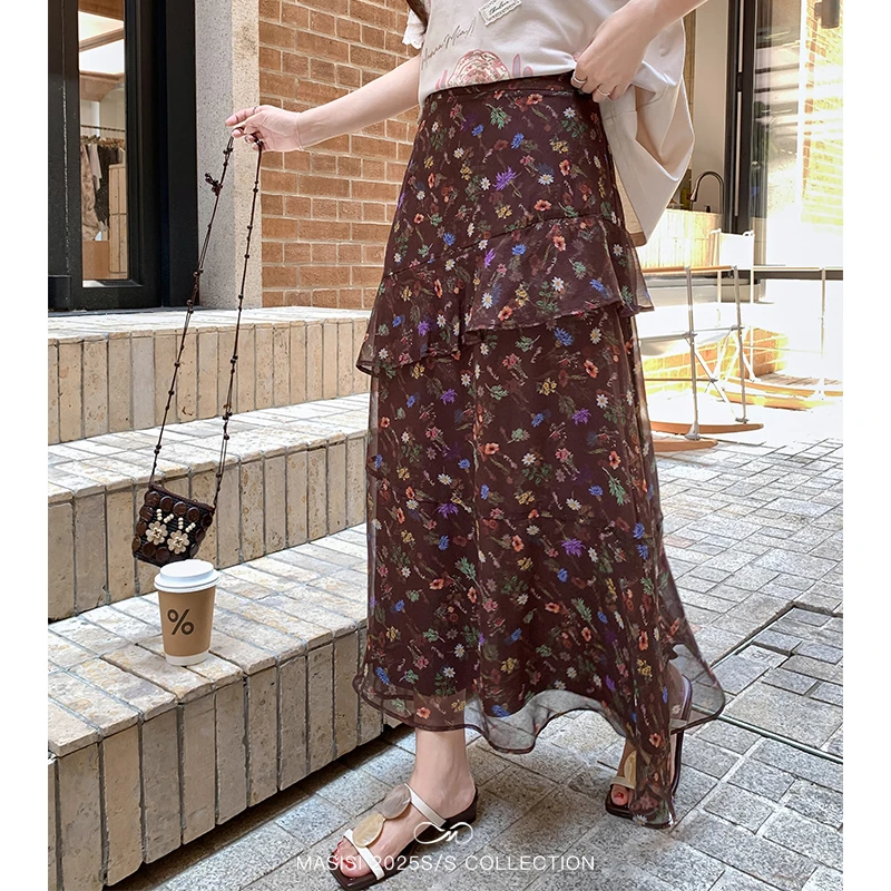 马西西大码女装不规则棕色碎花半身裙夏季胖mm宽松显瘦中长款裙子