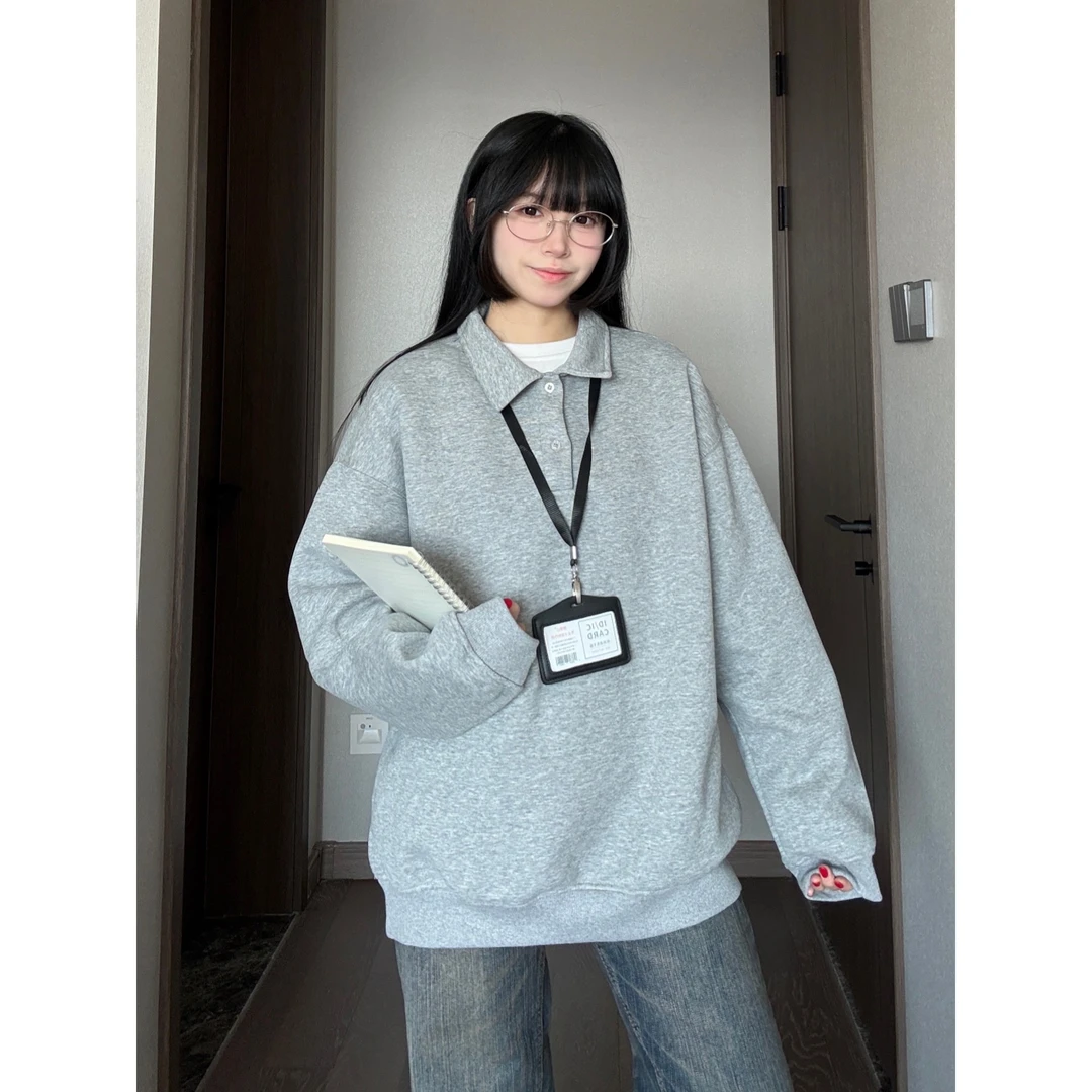 2025新款春季宽松纯色简约长袖Polo衫男女潮牌学院风ins卫衣外套