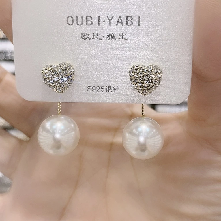 铜合金耳饰 时尚瑞丽风小众设计款爱心前后珠珠耳坠