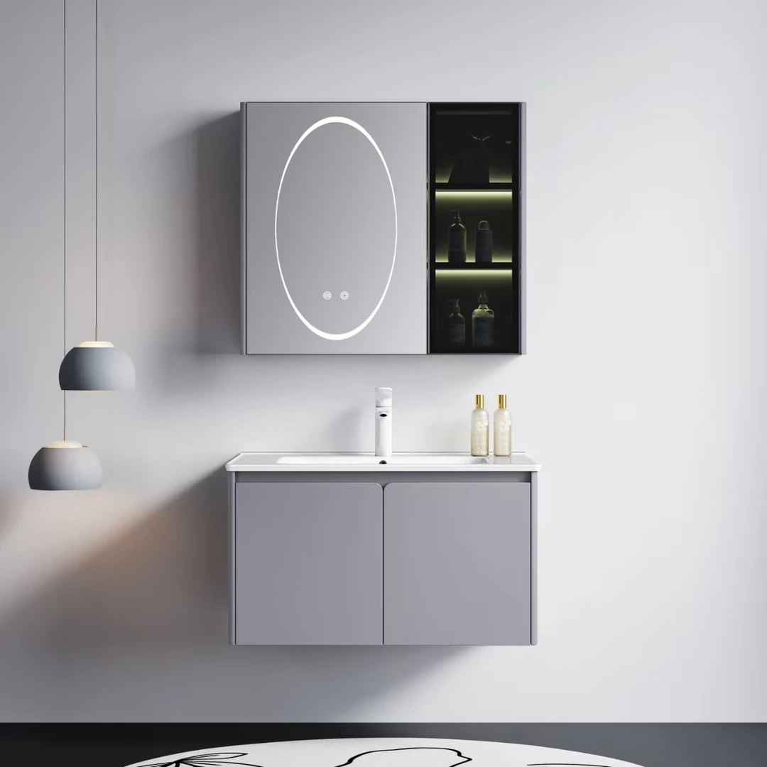 6626悬挂式浴室柜灰色系智能镜不锈钢铝蜂窝