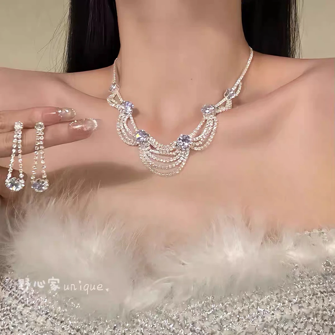 铜合金锆石项链 【月光女神】精致千金感锆石项链女新娘礼服颈链