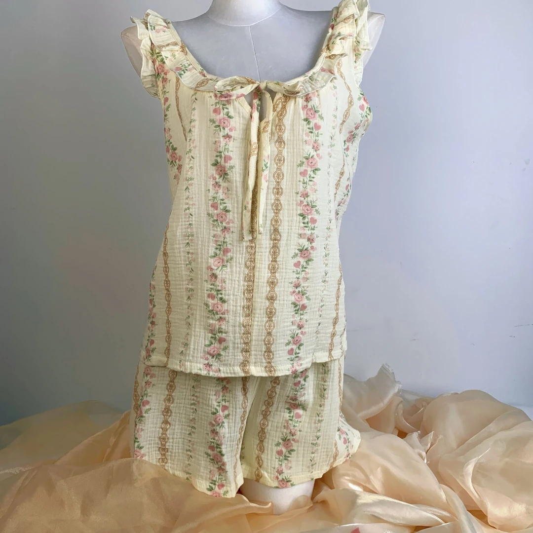 【秘密花园】80-140斤夏季女生甜美宽松清新棉睡衣睡裤家居服套装