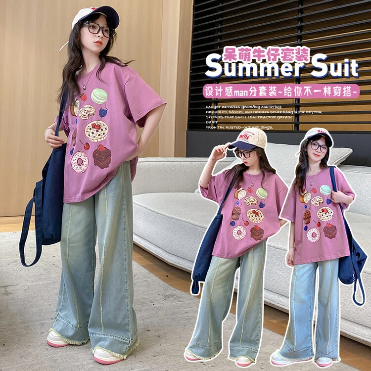 女童夏季2025新款蛋糕T牛仔裤套装中大童短袖阔腿裤两件套时尚潮