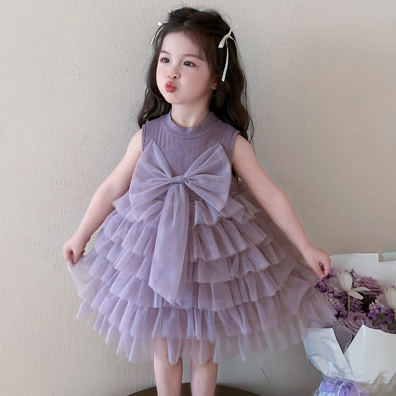女童蝴蝶结连衣裙夏季2025新款儿童无袖蛋糕裙女宝夏装洋气公主裙