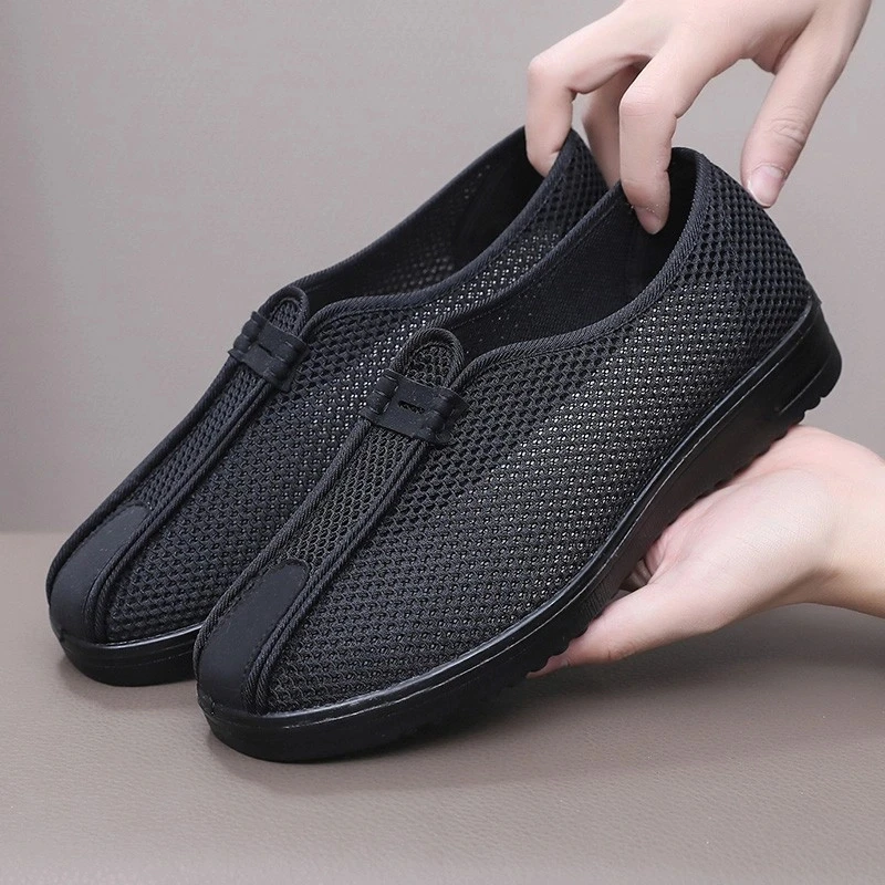 夏季老北京布男网鞋透气镂空网眼老人鞋软底软面一脚蹬僧鞋爷爷鞋