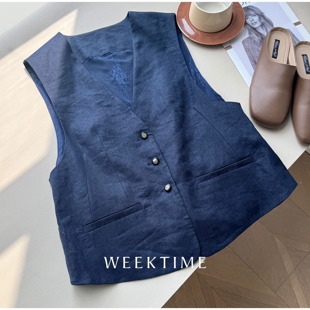 【费城美术馆马甲】夏季百搭时尚休闲通勤纯色亚麻马甲F9511