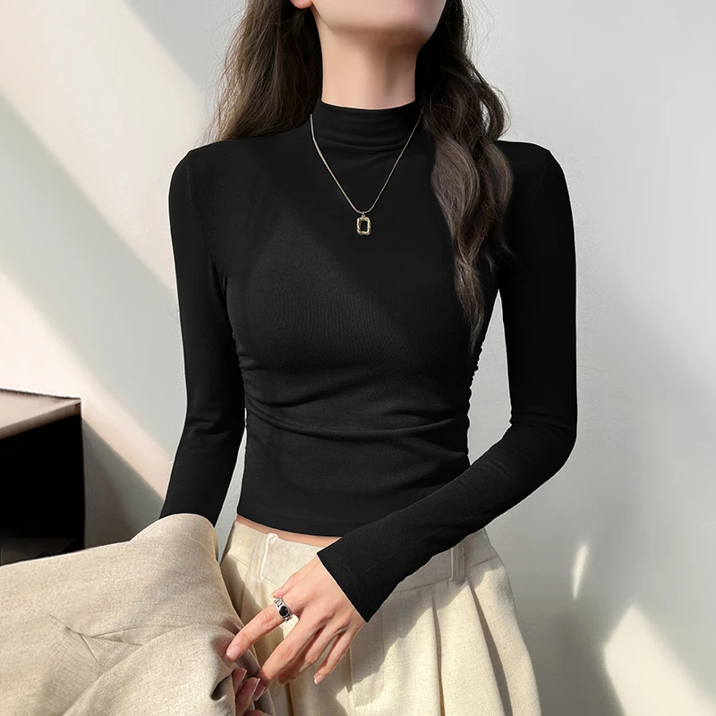 2026黑色半高领薄绒长袖女秋季修身显瘦短款内搭打底衫露脐上衣