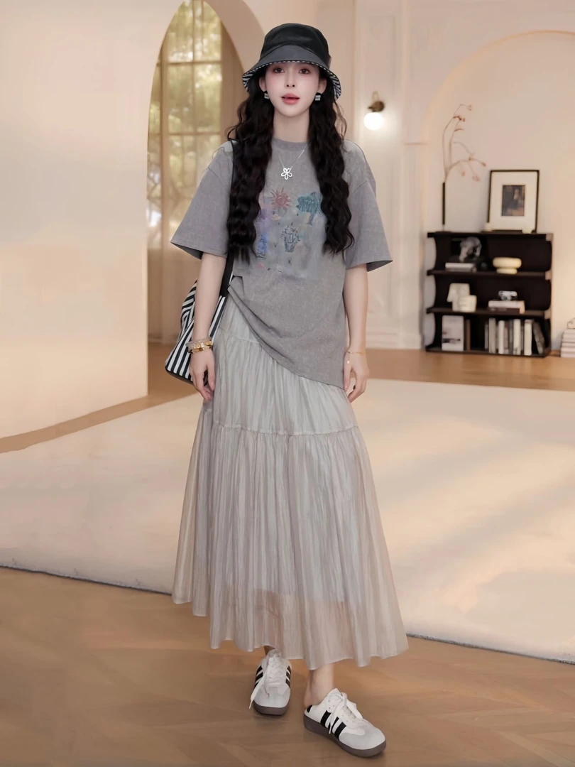 简约小众柔纱半裙A字夏季松紧腰中长款显瘦高腰时尚百搭不规则