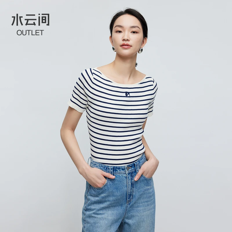 水云间修身短袖T恤毛针织衫女圆领薄款条纹上衣显瘦2025夏季新款