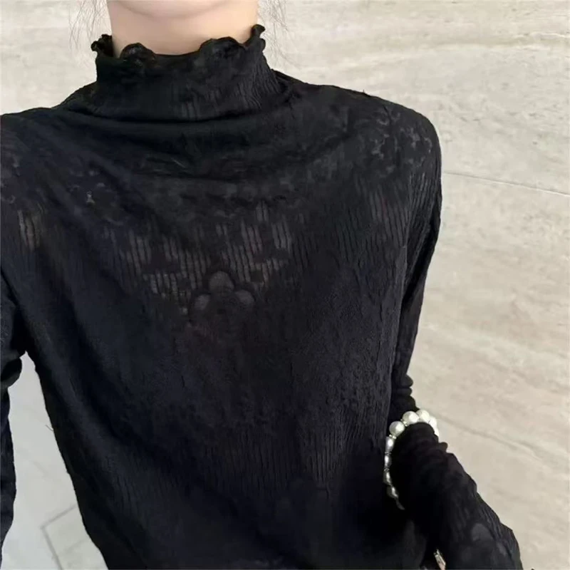 三叶草」舒芙蕾轻法风内搭~秋冬半高领蕾丝木耳边网纱打底-5718