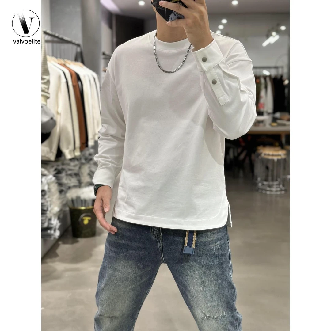 VALVOELITE春秋纯色宽松卫衣上衣高棉长袖套头运动服纽扣袖口男装
