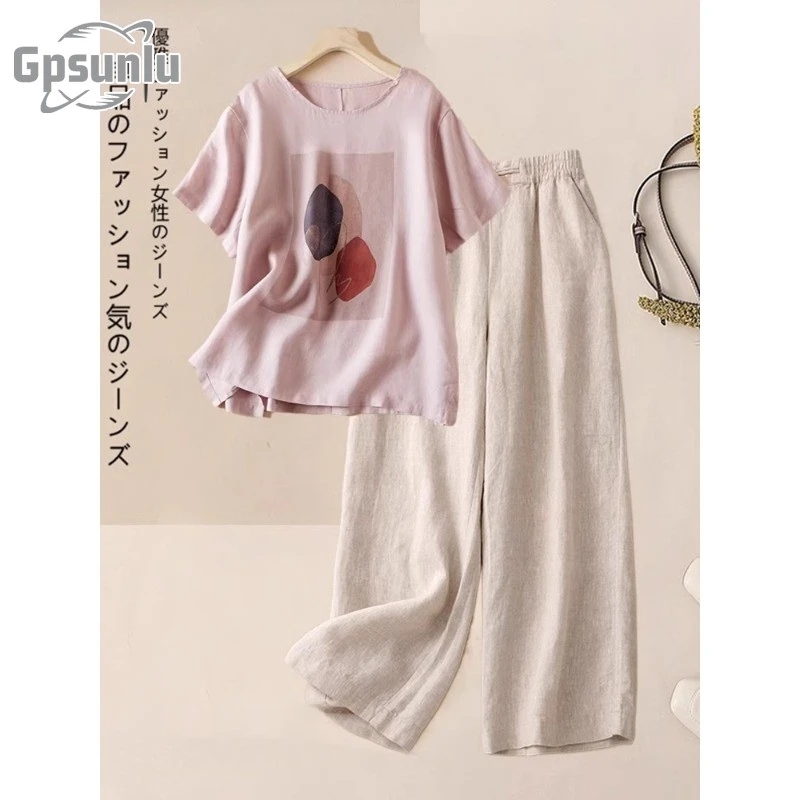 gpsunlu夏季休闲套装女士高端复古印花夏季女士休闲阔腿裤套装