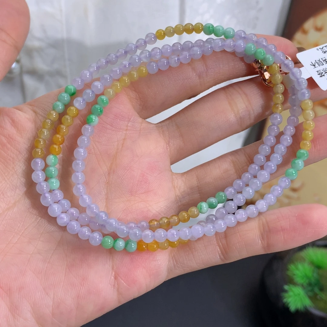 翡翠未镶嵌手串卡3.8胶润紫绿黄小米项链