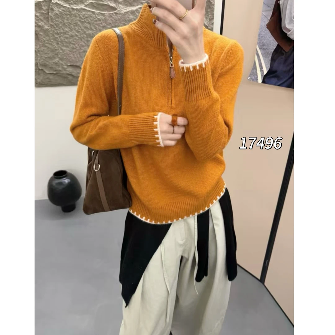 17496 WANGDAN（部无水洗唛介意慎拍)半拉链立领下摆撞色针织衫