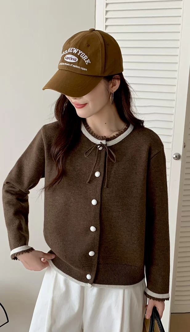 路路家蝴蝶结毛针织衫女小香风春秋小个子秋季女士圆领宽松毛衣