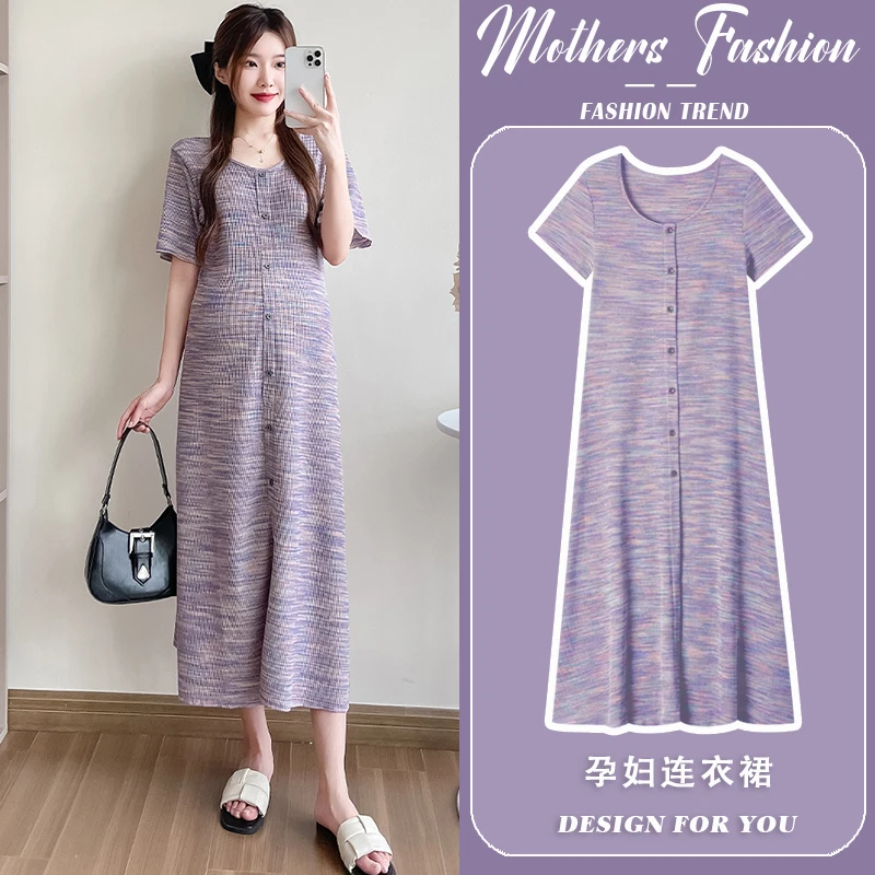 孕妇装夏装连衣裙2025新款夏季条纹短袖T恤裙子法式宽松休闲遮肚