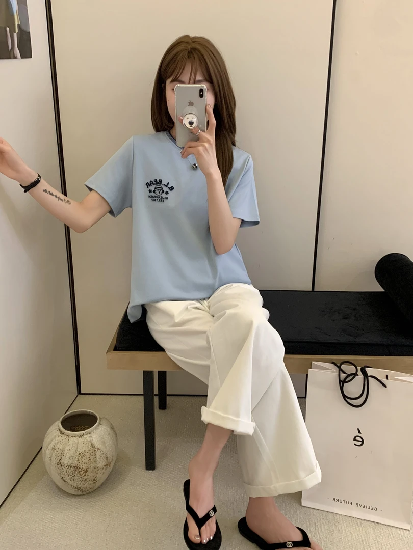 【牙刷绣小熊】夏季撞色清新柔短袖T桖女003