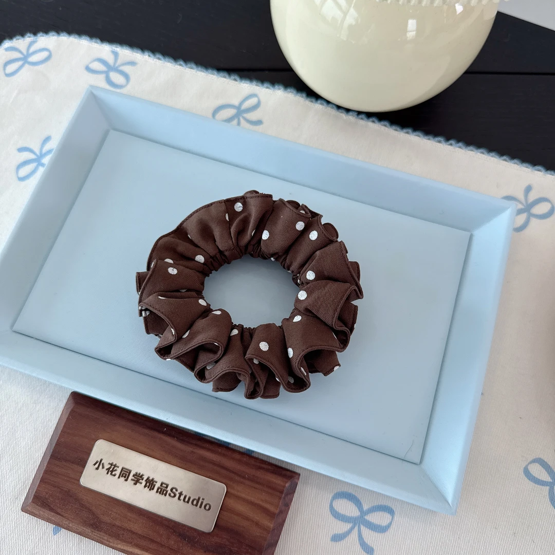韩国发饰2025新款高级精致牛仔棉麻卡其咖啡色波点圆点小蛮腰发圈