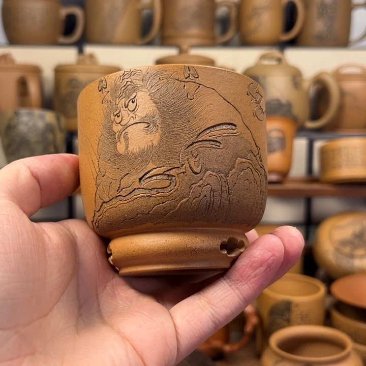 醉***秋紫砂杯子微瑕疵无锦盒钟馗刻绘紫砂主人杯