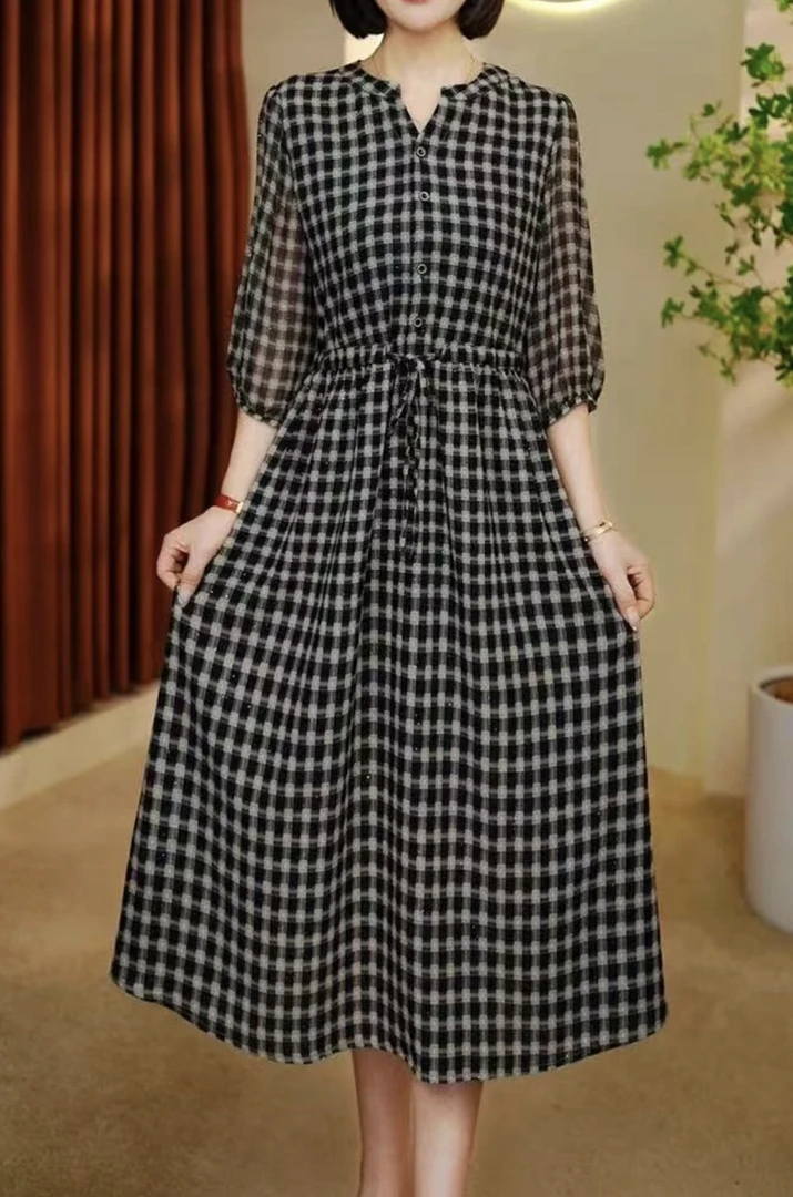 【黑灰格子】25新款格子高级夏季气质连衣裙时尚显瘦中长款裙子6380