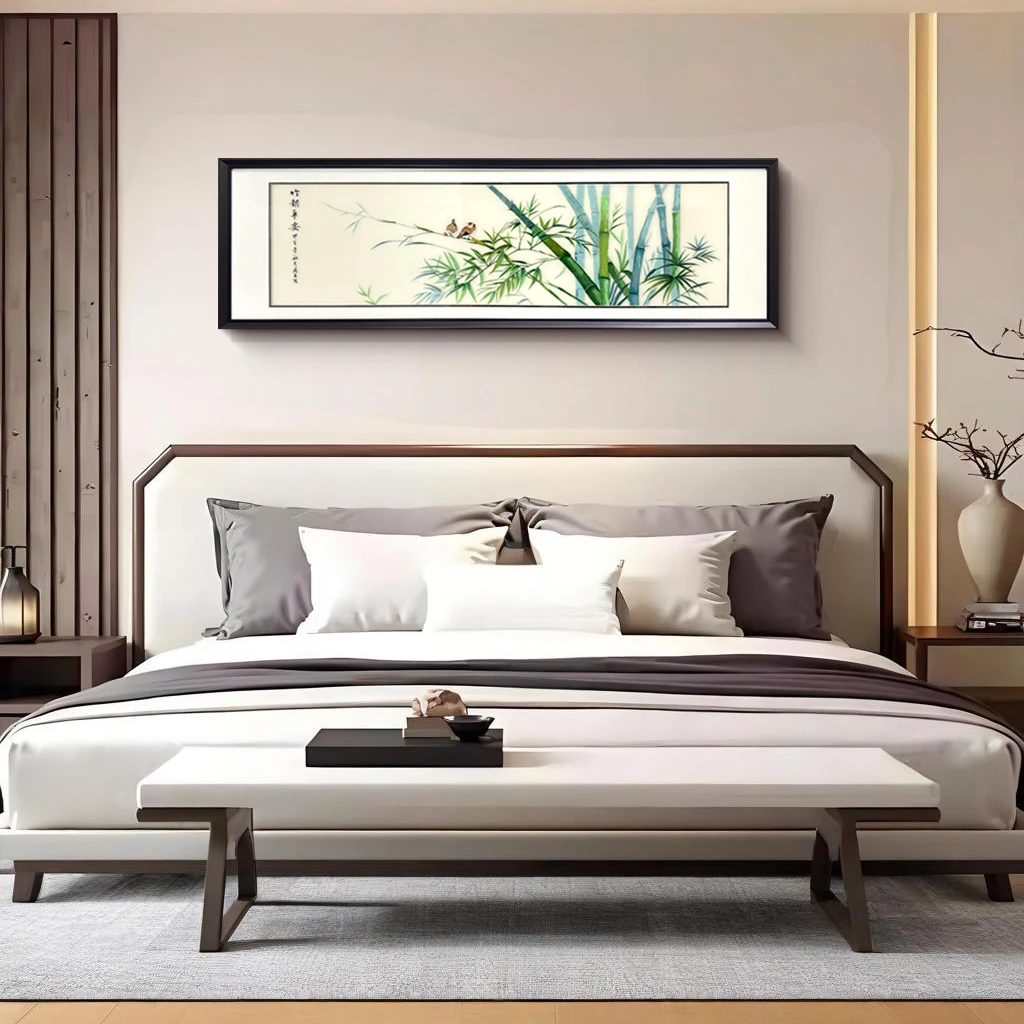 新中式床头刺绣竹报平安手工立体刺绣玻璃实木框装饰画竹子40150