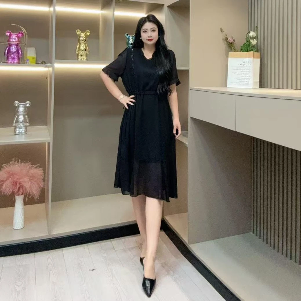 夏季连衣裙-鸿 9769时尚气质潮流菲边亮片潮美款胖MM大码女装新款