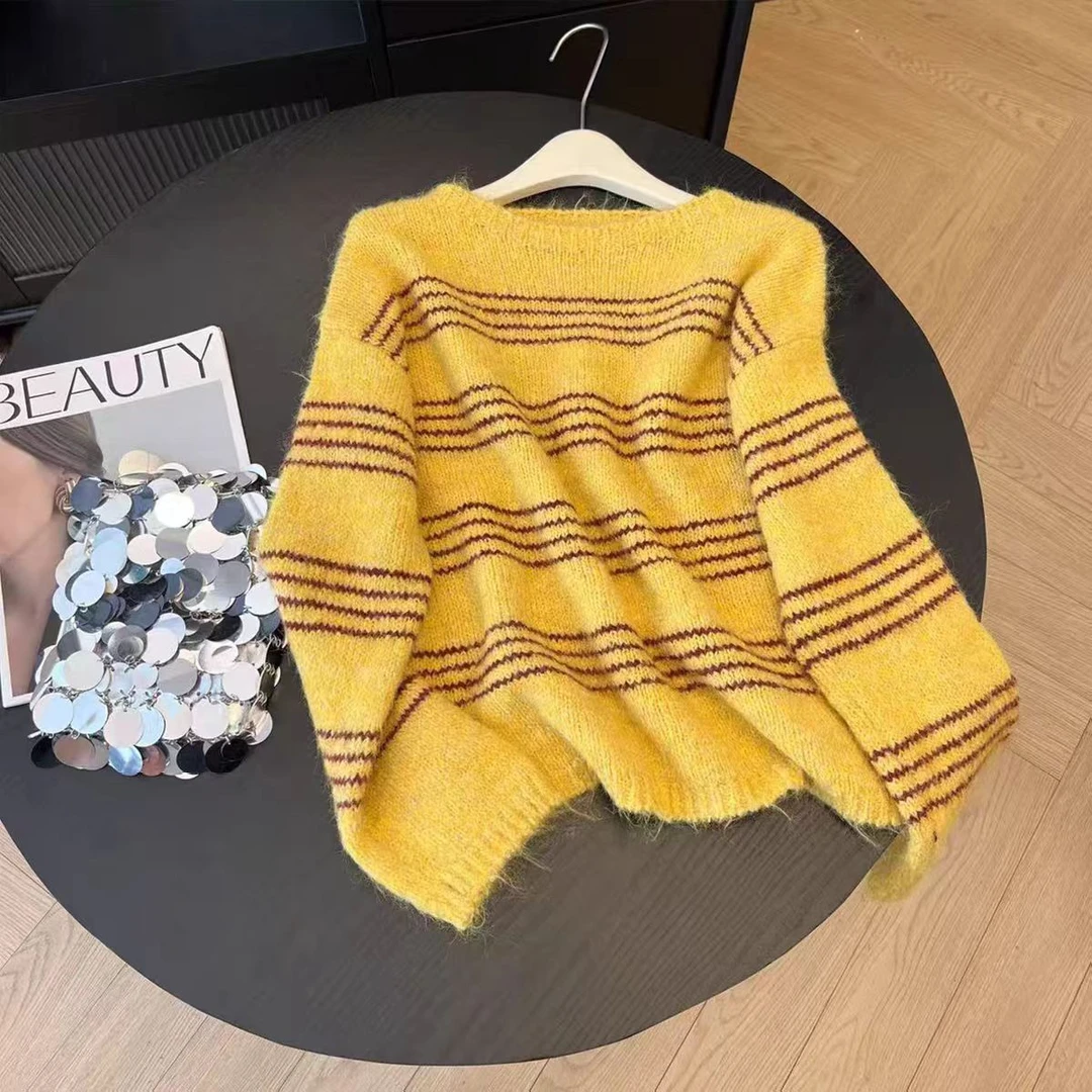 2025韩系复古姜黄色条纹针织衫女秋软糯慵懒风超好看气质甜美上衣