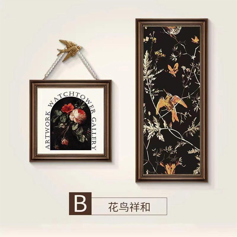 中古风卧室床头装饰画法式复古客厅喜鹊挂画小众艺术玄关壁画花鸟