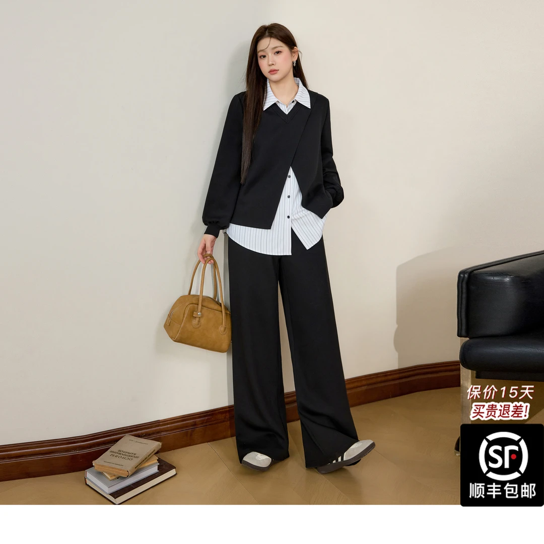 蓝语大码女装气质假两件衬衫卫衣显瘦直筒阔腿裤秋冬款穿搭一整套