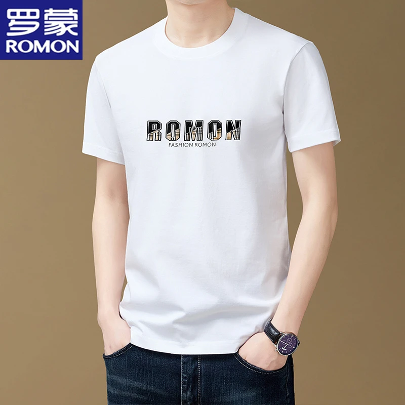 罗蒙夏季新款时尚品牌胸标简约高级圆领短袖T恤男士百搭半袖上衣