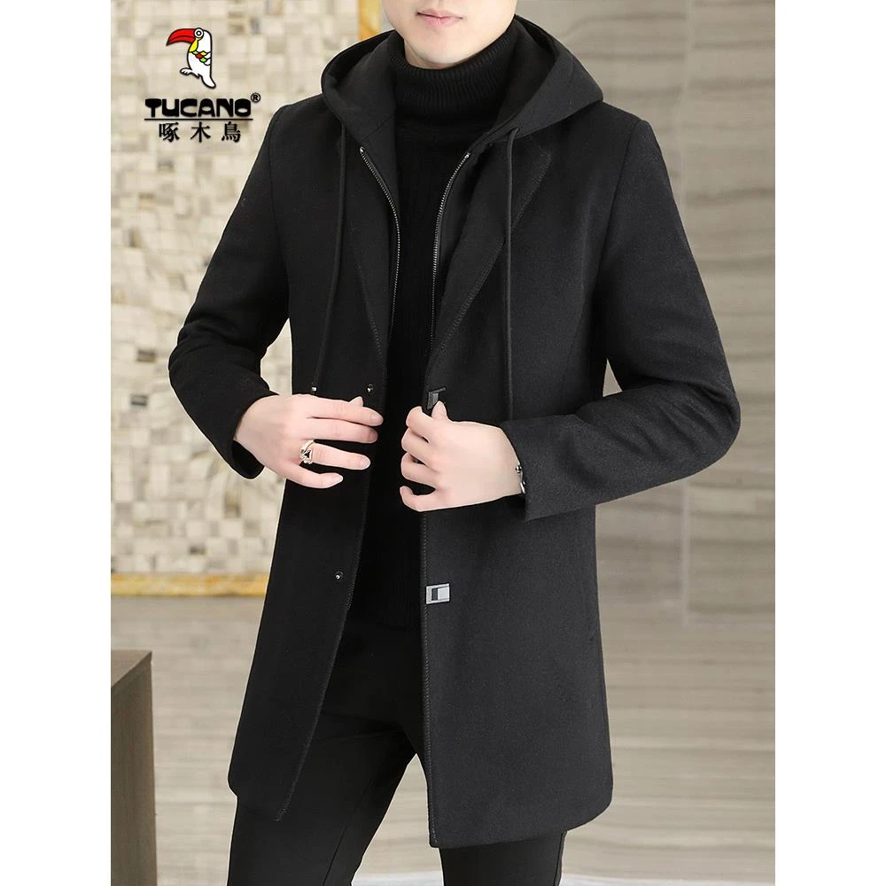 啄木鸟毛呢子大衣连帽外套新款冬季男士加棉中长款风衣大码潮流