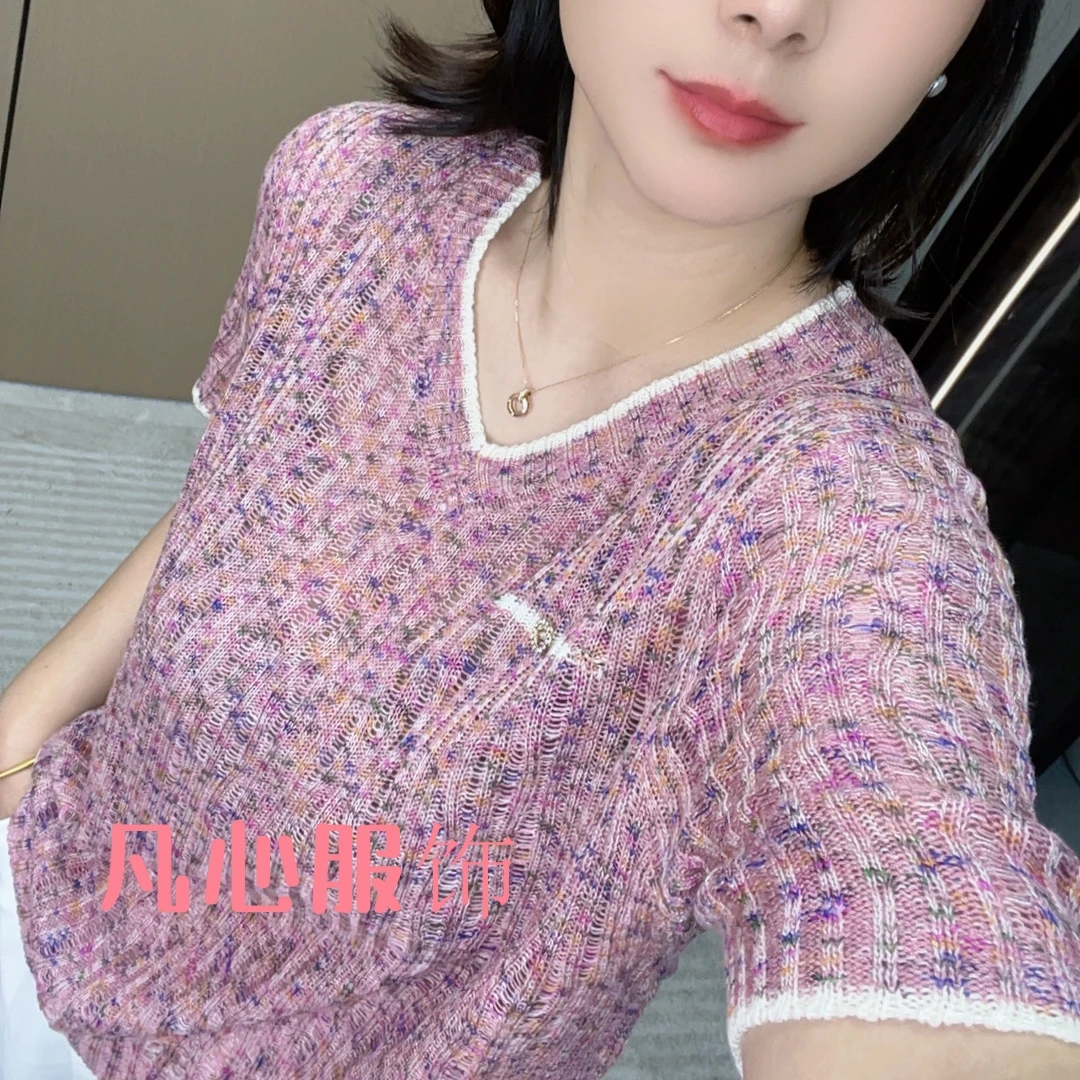 【桃心领钻扣】新款显瘦竖坑条小众宽松设计感针织短袖夏季百搭女装