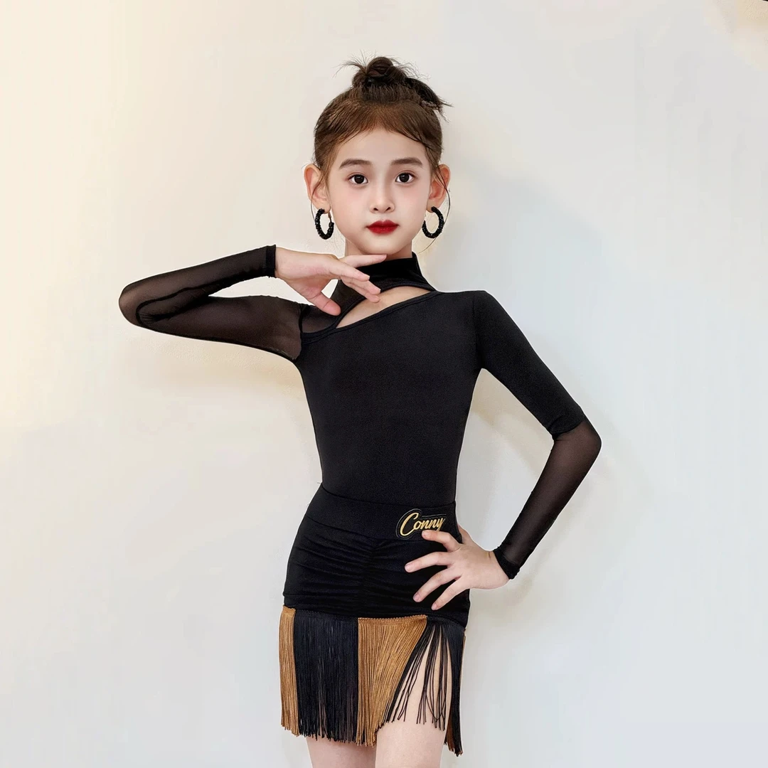 CONNY拉丁舞服女儿童日常舞蹈练功半身裙网纱长袖上衣表演出套装