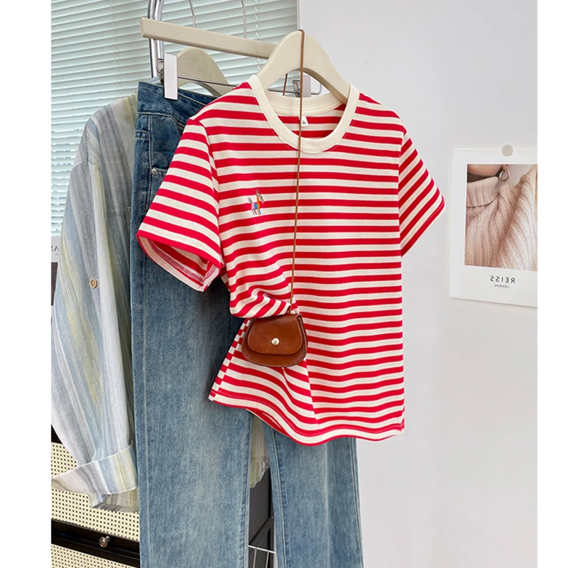 2025夏季新款全棉百搭短袖韩系宽松显瘦条纹上衣时尚显白chic女装