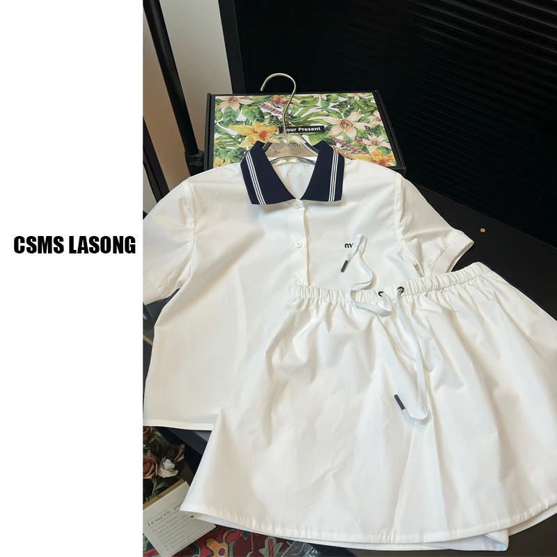 春夏新款时尚套装短袖上衣衬衫加裤裙学院风显瘦穿搭白色两件套