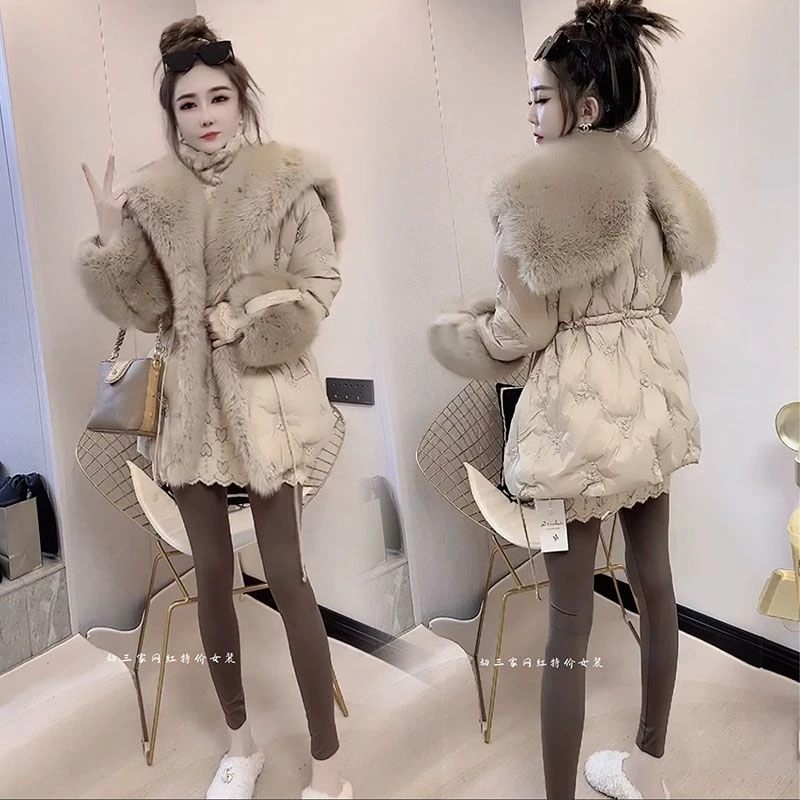 网红冬季爆款宽松气质炸街仿皮草大毛领拼接毛毛袖口棉服大衣外套